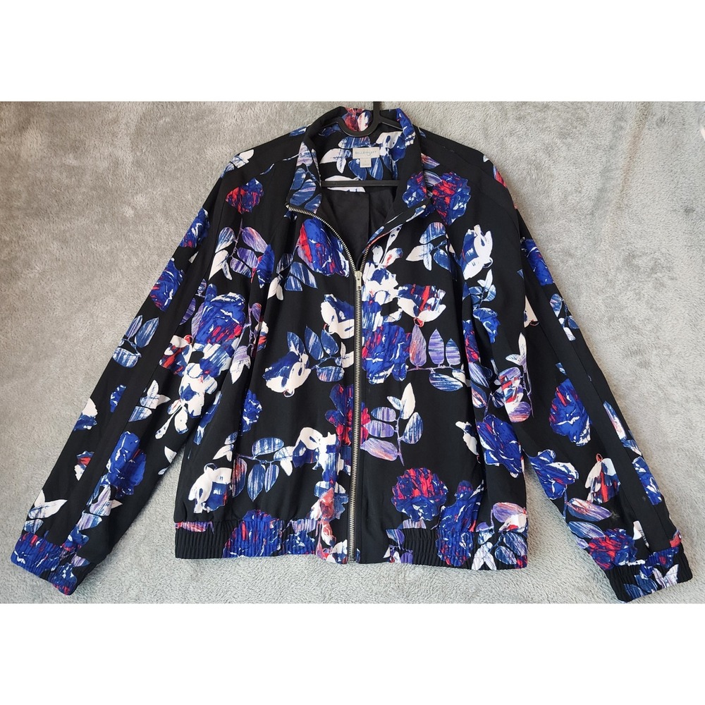 Belle + Sky Jacket Womens Large Black Blue Red Floral Full Zip Casual Bomber